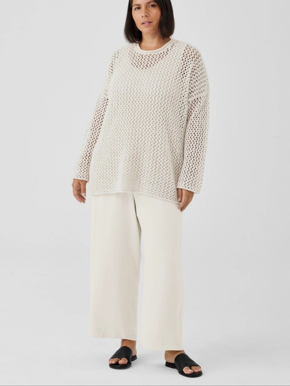 Eileen Fisher Open Knit Organic Cotton Sweater  XL Bone Slouchy Coastal Boho